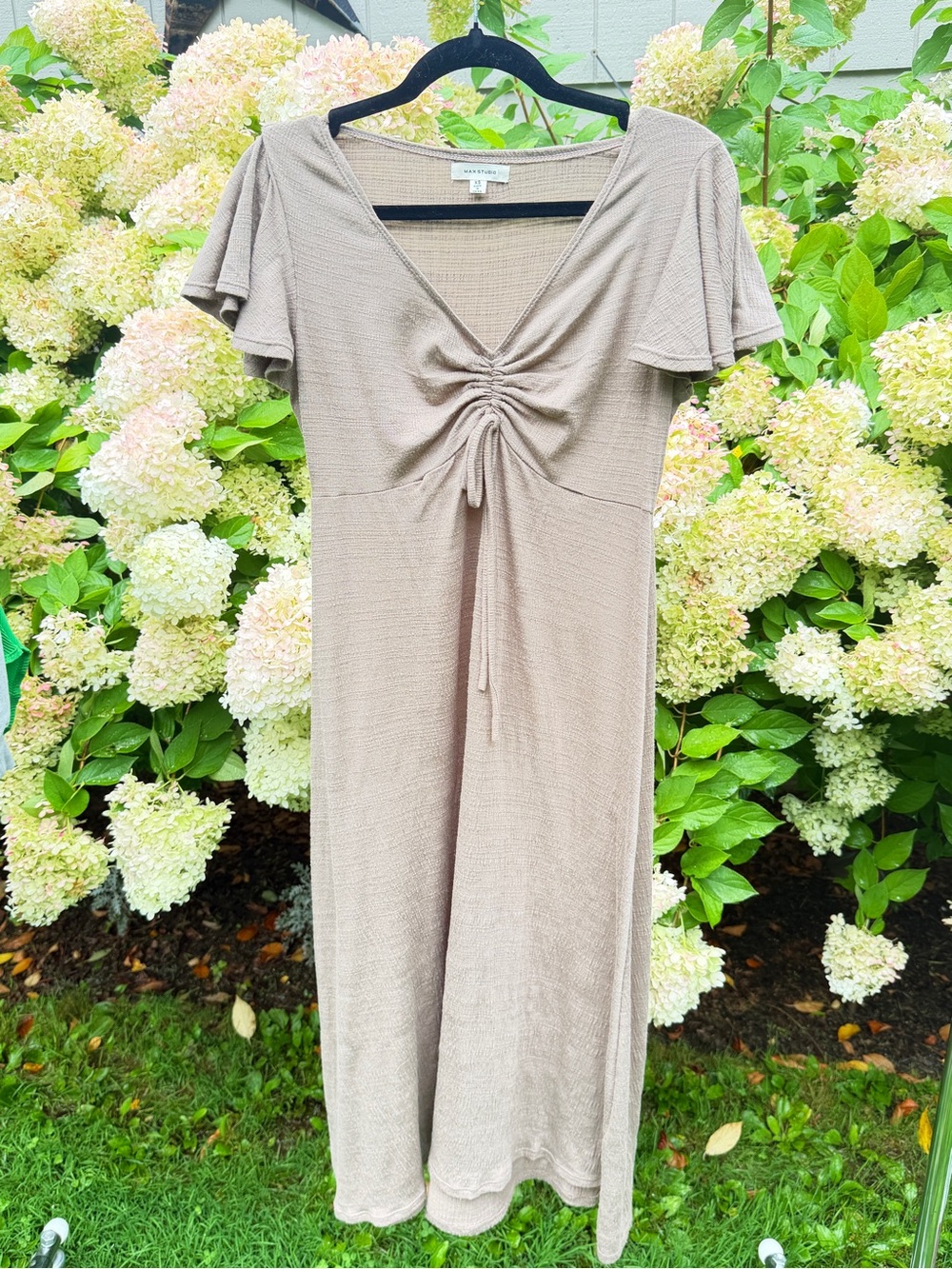 Max Studio taupe drawstring front maxi dress